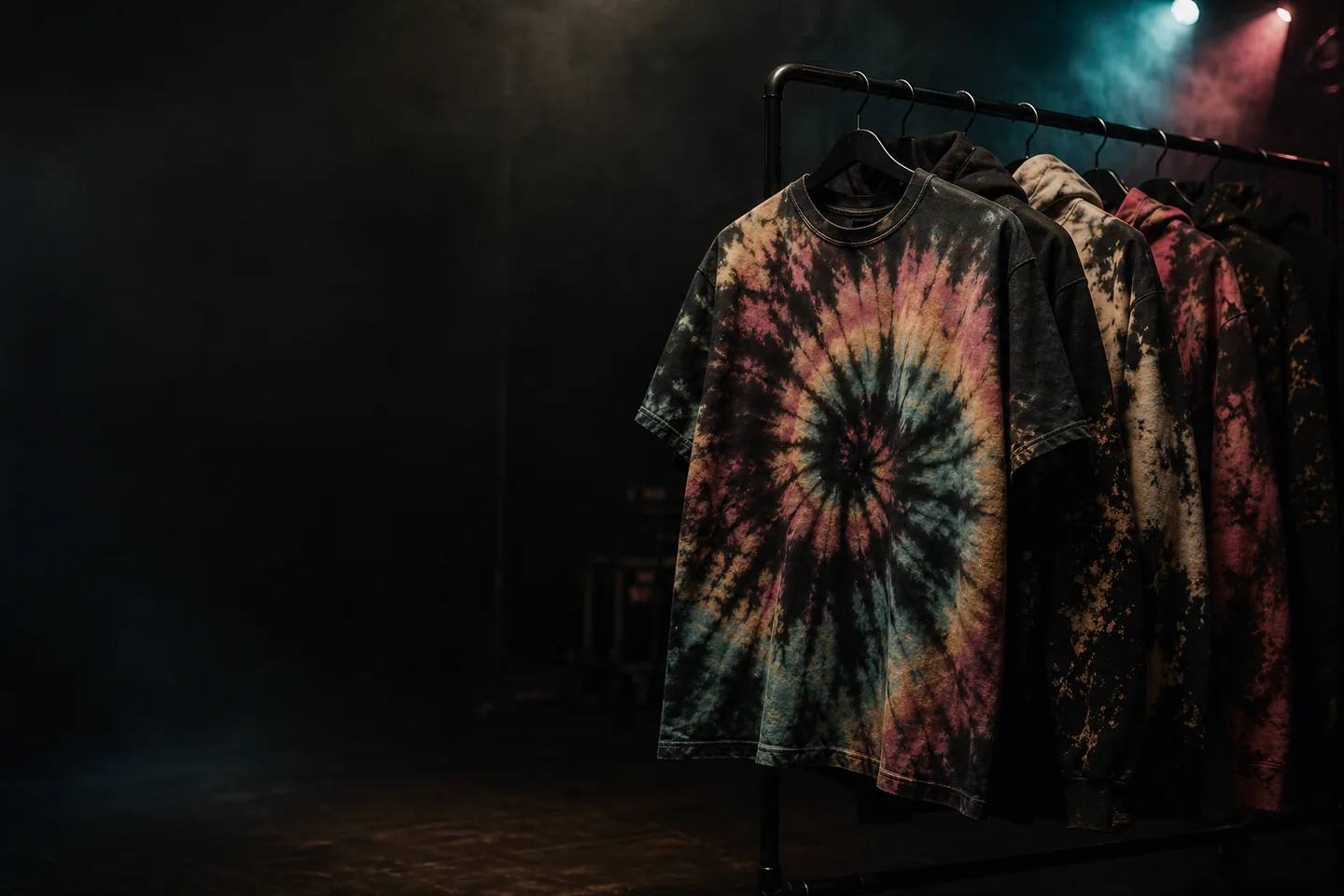 Hand-dyed tees and sweatshirts displayed on a garment rack under stage lighting.