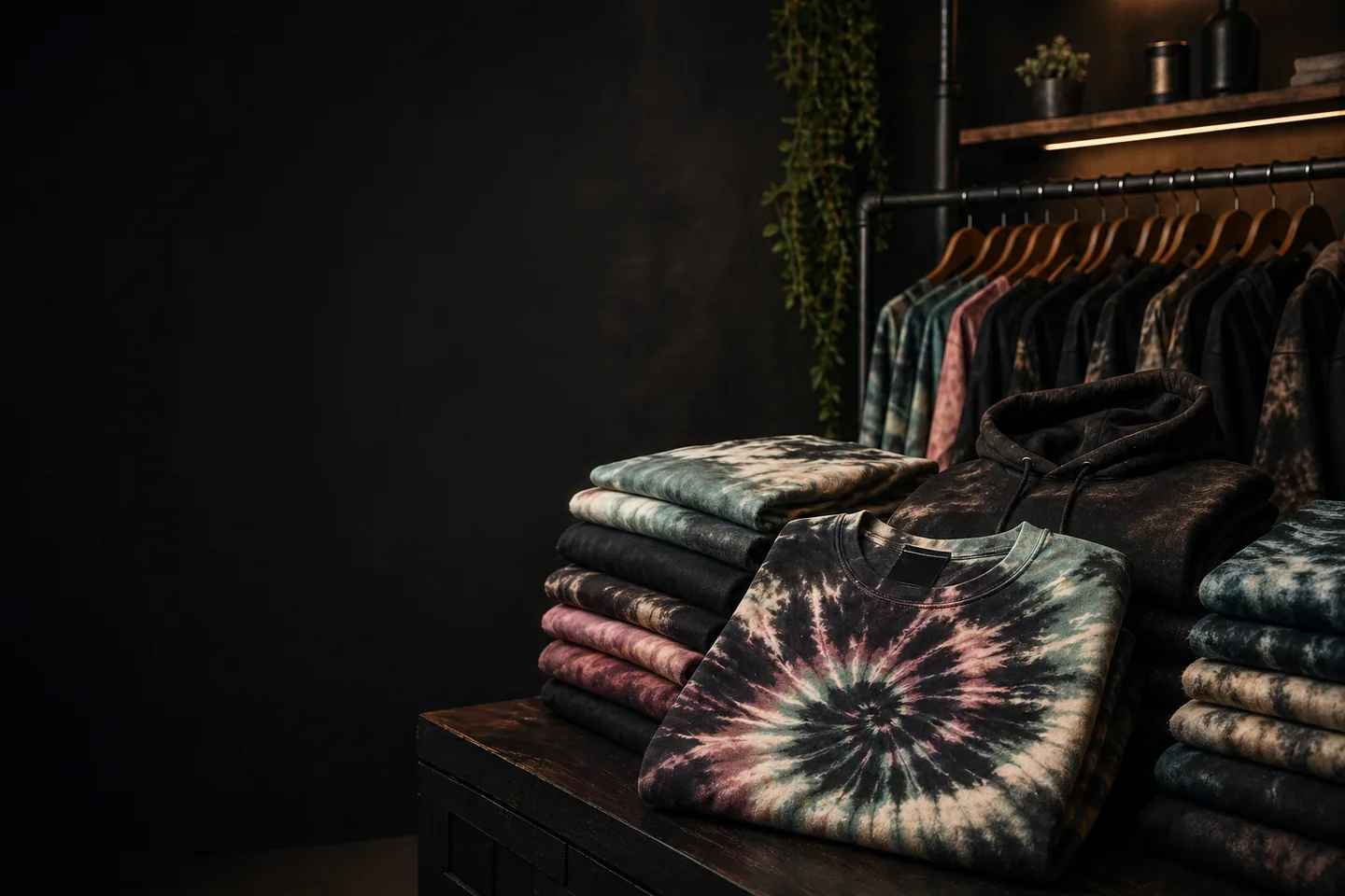 Hand-dyed garments arranged in the Donut Dyes studio